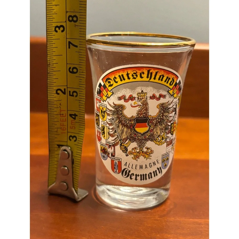 Deutschland Germany Souvenir Schnapps Decanter and 6 Shot‎ Glass Set Gold Rim
